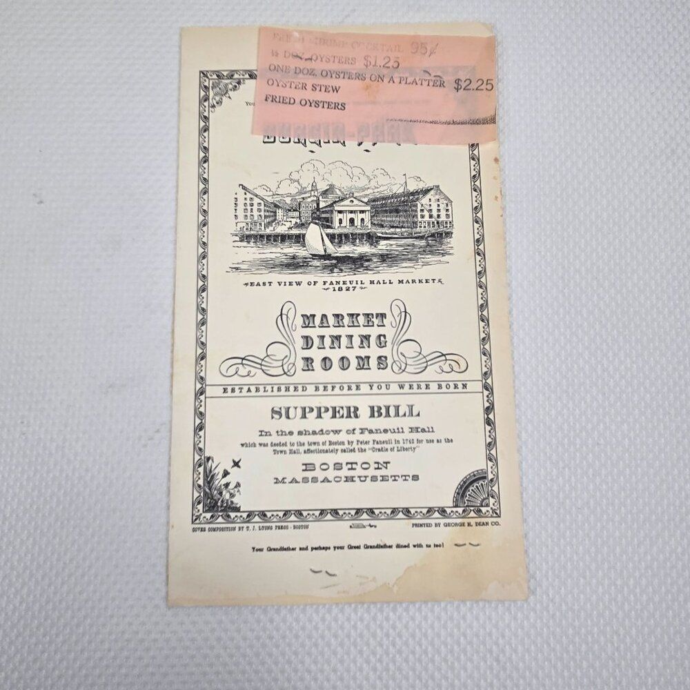 Vintage 50s Durgin-Park Supper Bill Menu Boston Massachusetts Faneuil Hall Marke